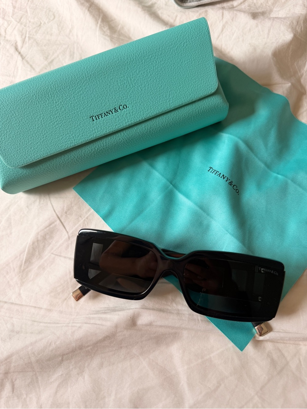 Tiffany & Co. Black Rectangular Sunglasses with Tiffany Blue Case and Cloth